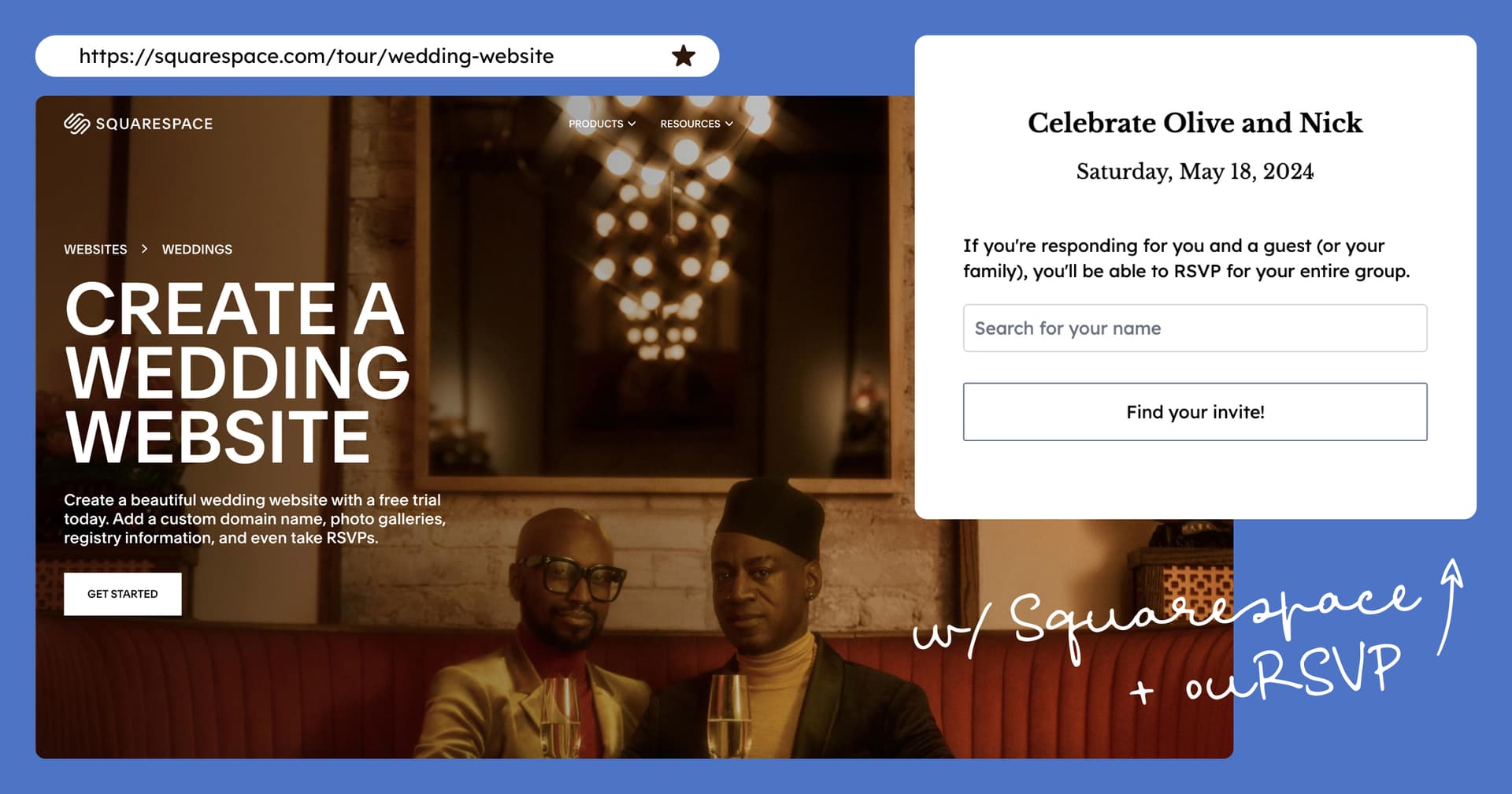 ouRSVP form embedded on a Squarespace wedding website