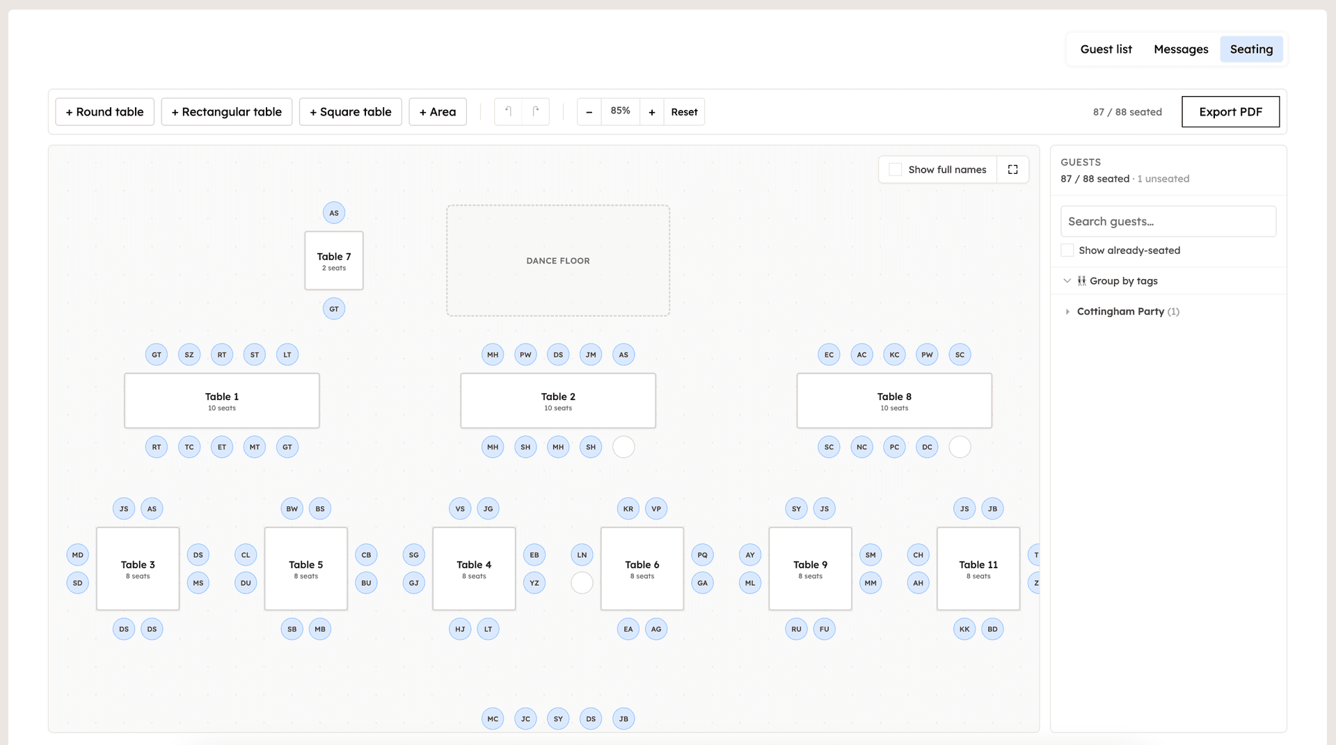 A wedding seating chart with drag-and-drop tables and guests, made with ouRSVP
